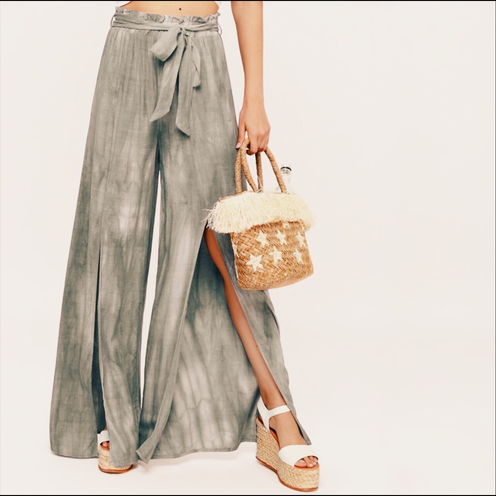 Slit Pants Wide Leg Acid Wash Front Slit Silky - Picture 7 of 7